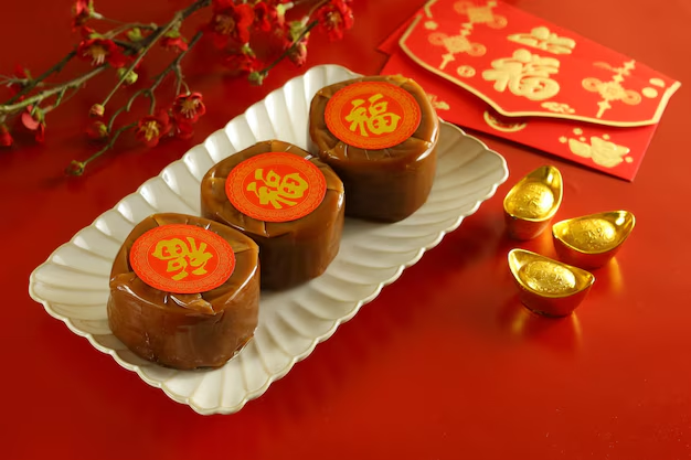 装饰有“福”字的年糕与金元宝